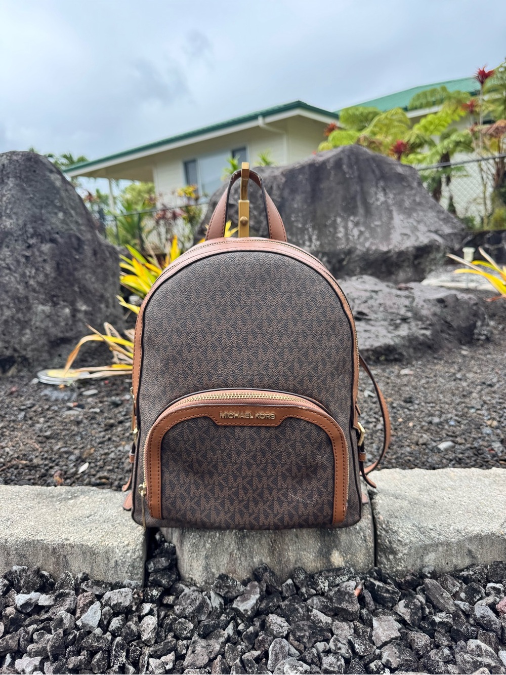 Michael Kors Abbey Small MK Signature Brown Backpack Leather Trim